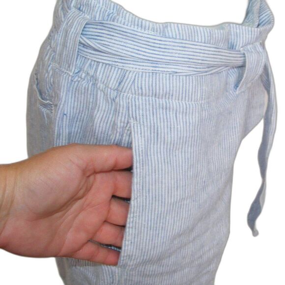 CHICOS Pants, 0.5/6R, Linen, Paper Bag Waist, Blue/White, Stripes, Sash belt - Picture 7 of 12